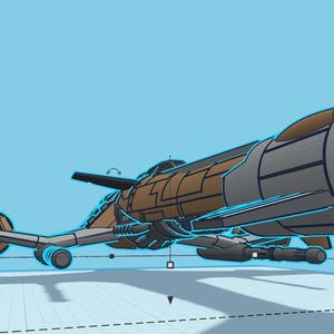 May include: A futuristic, gray and brown spaceship with a large engine on the back. The spaceship has a long, thin body and a pointed nose. It has several small, round windows and a series of small, round lights.