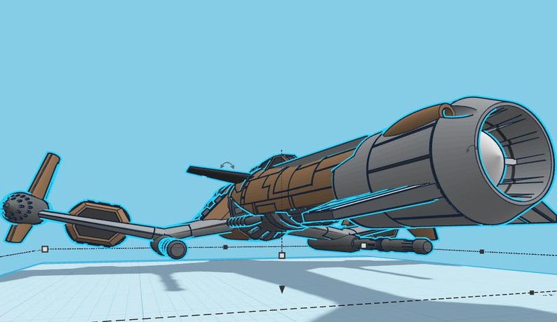 May include: A futuristic, gray and brown spaceship with a large engine on the back. The spaceship has a long, thin body and a pointed nose. It has several small, round windows and a series of small, round lights.