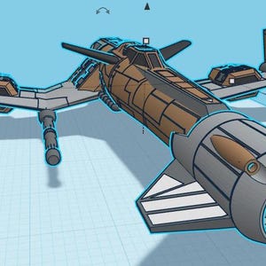 May include: A brown and gray spaceship model with a large engine and a long, narrow body. The spaceship has a detailed design with multiple panels and a cockpit.
