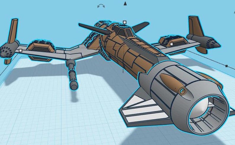 May include: A brown and gray spaceship model with a large engine and a long, narrow body. The spaceship has a detailed design with multiple panels and a cockpit.