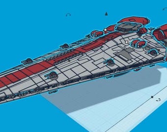 May include: A digital 3D model of a wedge-shaped starship featuring a light gray hull with prominent red paneling along the center and rear engines. The vessel displays multiple turret emplacements and a complex geometric surface design.