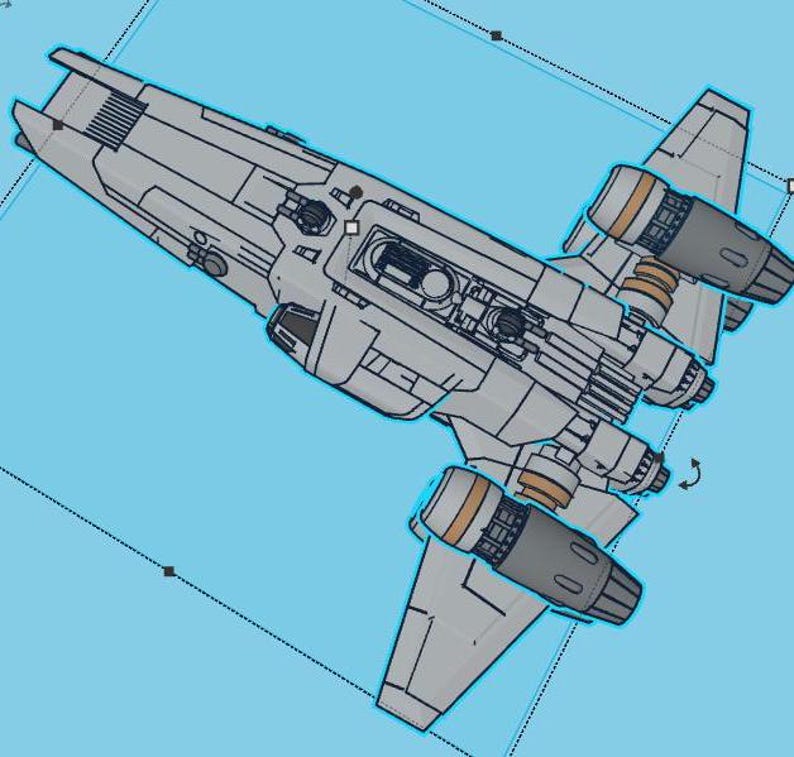 May include: A white and gray spaceship with multiple engines and a detailed interior. The spaceship is viewed from above.