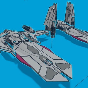 Puede incluir: Una ilustración digital de una nave espacial gris futurista mostrada desde dos ángulos diferentes. La nave presenta una nariz larga y puntiaguda, alas angulares y propulsores prominentes, con paneles de color magenta en el casco.