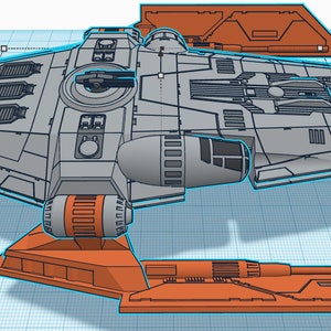 Peut inclure: Mod&egrave;le 3D d'un vaisseau spatial gris et orange au design d&eacute;taill&eacute;. Le vaisseau spatial a un corps large et arrondi avec un cockpit rectangulaire plus petit. Le vaisseau spatial a deux gros moteurs en bas et deux plus petits &agrave; l'arri&egrave;re. Le vaisseau spatial est con&ccedil;u avec une esth&eacute;tique futuriste.
