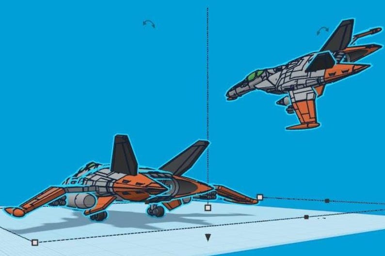Puede incluir: Dos ilustraciones estilizadas de aviones de combate a reacci&oacute;n sobre un fondo azul brillante. Los aviones son principalmente de color naranja, gris y negro, con dise&ntilde;os detallados de alas y fuselaje. Un avi&oacute;n est&aacute; en el suelo, el otro en vuelo.