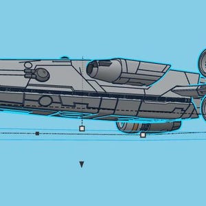 May include: A gray and white spaceship with two large engines on the back. The spaceship has a long, narrow body and a pointed nose.