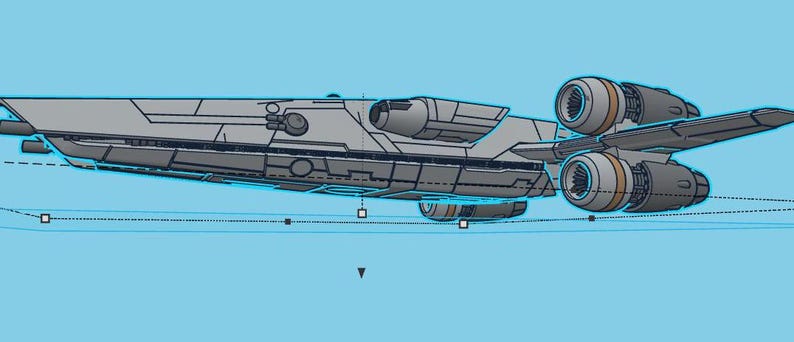 May include: A gray and white spaceship with two large engines on the back. The spaceship has a long, narrow body and a pointed nose.