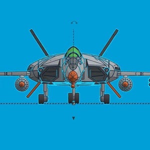Puede incluir: Ilustraci&oacute;n de una aeronave futurista con cuerpo gris, detalles en naranja y cabina verde sobre fondo azul. La aeronave tiene m&uacute;ltiples h&eacute;lices y lo que parecen misiles en las alas.