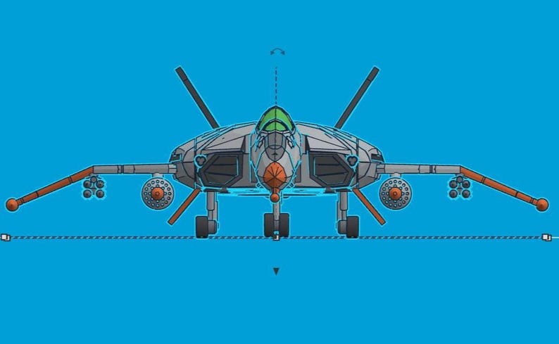 Puede incluir: Ilustraci&oacute;n de una aeronave futurista con cuerpo gris, detalles en naranja y cabina verde sobre fondo azul. La aeronave tiene m&uacute;ltiples h&eacute;lices y lo que parecen misiles en las alas.