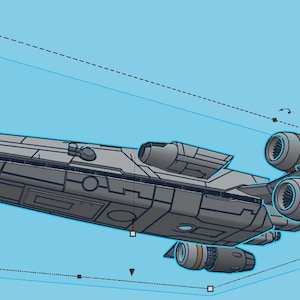 May include: A gray and black spaceship with multiple engines and a long, narrow body. The spaceship is flying in the air with its wings spread out.