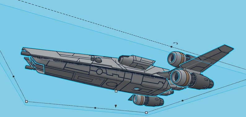 May include: A gray and black spaceship with multiple engines and a long, narrow body. The spaceship is flying in the air with its wings spread out.