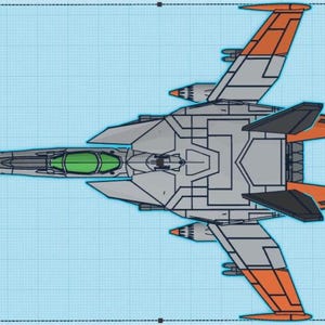 Puede incluir: Ilustraci&oacute;n de un avi&oacute;n de combate estilizado, vista desde arriba. La aeronave es gris con detalles en naranja y negro en las alas y la cola. La cabina tiene una cubierta verde. Fondo azul claro cuadriculado.