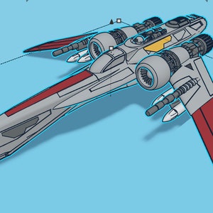 Pode incluir: Uma nave espacial branca e vermelha com uma faixa amarela na parte superior. A nave espacial tem dois motores grandes na parte traseira e dois motores menores nas asas. As asas s&atilde;o vermelhas e t&ecirc;m uma faixa preta na parte inferior.