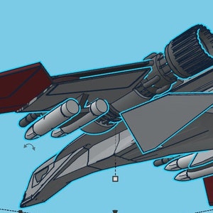 Pode incluir: Uma nave espacial cinza e vermelha com dois motores grandes e v&aacute;rios m&iacute;sseis menores. A nave espacial tem um corpo longo e estreito e um nariz pontudo.