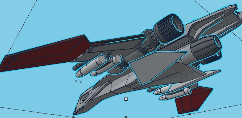 Pode incluir: Uma nave espacial cinza e vermelha com dois motores grandes e v&aacute;rios m&iacute;sseis menores. A nave espacial tem um corpo longo e estreito e um nariz pontudo.