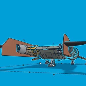 K&ouml;nnte beinhalten: Ein 3D-Modell eines Raumschiffs in Braun und Schwarz. Das Design umfasst einen zentralen K&ouml;rper, Fl&uuml;gel und ein Leitwerk. Der Hintergrund ist einfarbig blau. Das Modell scheint ein Konzeptentwurf zu sein.