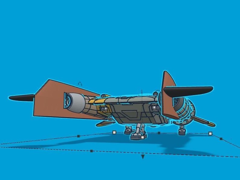 K&ouml;nnte beinhalten: Ein 3D-Modell eines Raumschiffs in Braun und Schwarz. Das Design umfasst einen zentralen K&ouml;rper, Fl&uuml;gel und ein Leitwerk. Der Hintergrund ist einfarbig blau. Das Modell scheint ein Konzeptentwurf zu sein.