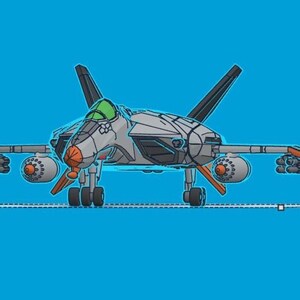 Puede incluir: Ilustraci&oacute;n de una aeronave futurista con una combinaci&oacute;n de colores gris y naranja, sobre un fondo azul brillante. La aeronave presenta un dise&ntilde;o detallado con alas, motores y una cabina. El estilo general recuerda a un dibujo animado o animaci&oacute;n.