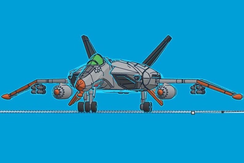 Puede incluir: Ilustraci&oacute;n de una aeronave futurista con una combinaci&oacute;n de colores gris y naranja, sobre un fondo azul brillante. La aeronave presenta un dise&ntilde;o detallado con alas, motores y una cabina. El estilo general recuerda a un dibujo animado o animaci&oacute;n.
