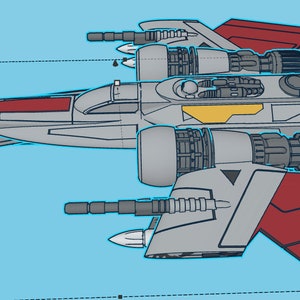 Pode incluir: Uma nave espacial cinza e vermelha com dois conjuntos de asas e v&aacute;rios motores. A nave espacial tem uma faixa amarela no lado.