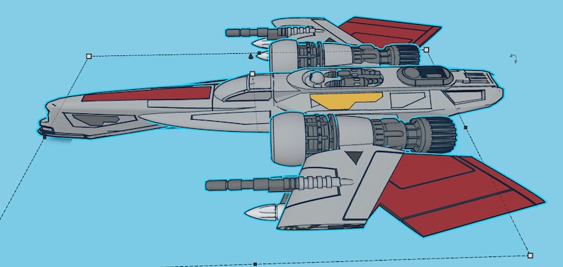 Pode incluir: Uma nave espacial cinza e vermelha com dois conjuntos de asas e v&aacute;rios motores. A nave espacial tem uma faixa amarela no lado.