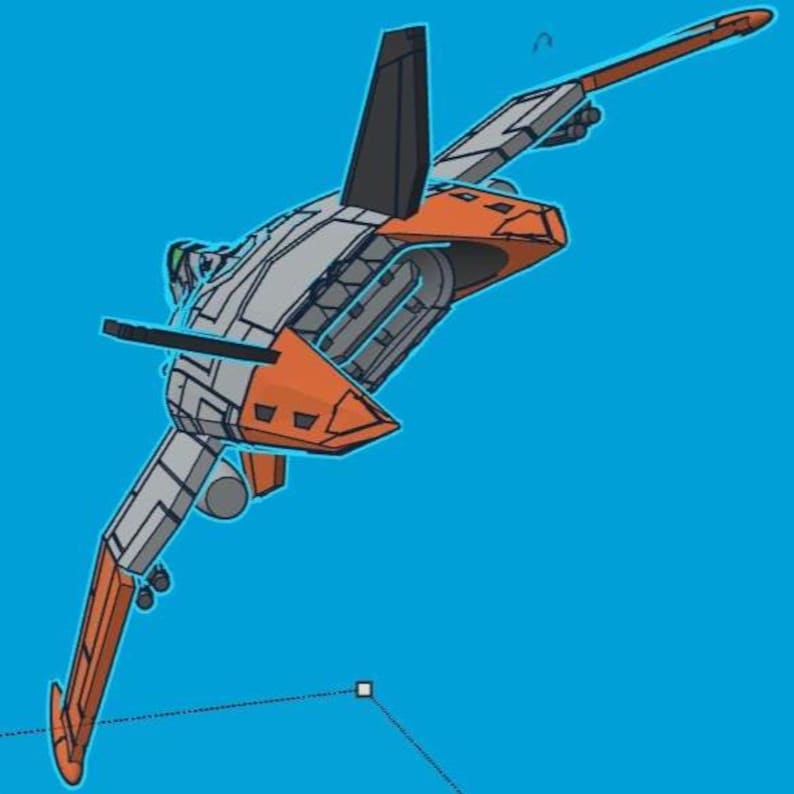Puede incluir: Ilustraci&oacute;n de una aeronave futurista con cuerpo gris, detalles en naranja y aleta trasera negra. La aeronave tiene un dise&ntilde;o elegante con alas extendidas y parte inferior detallada, sobre un fondo azul brillante.