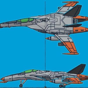 Puede incluir: Ilustraci&oacute;n de dos aviones de combate en estilo plano sobre fondo azul. Los aviones son principalmente grises con detalles en naranja y negro. El avi&oacute;n superior se ve desde arriba, el inferior de lado.