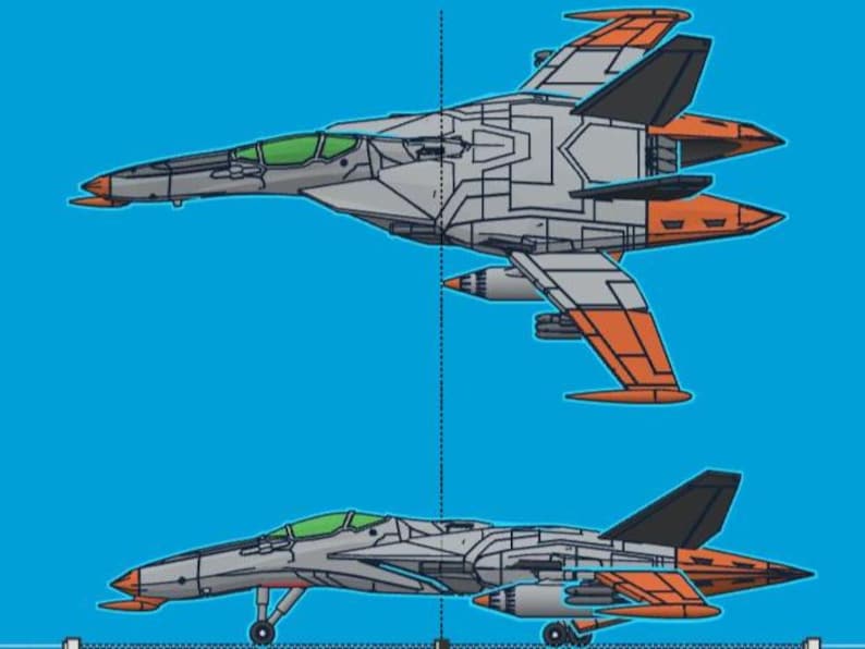 Puede incluir: Ilustraci&oacute;n de dos aviones de combate en estilo plano sobre fondo azul. Los aviones son principalmente grises con detalles en naranja y negro. El avi&oacute;n superior se ve desde arriba, el inferior de lado.