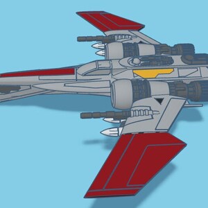 Pode incluir: Uma nave espacial cinza e vermelha com duas asas grandes e v&aacute;rios motores. A nave espacial tem uma faixa amarela na parte superior.