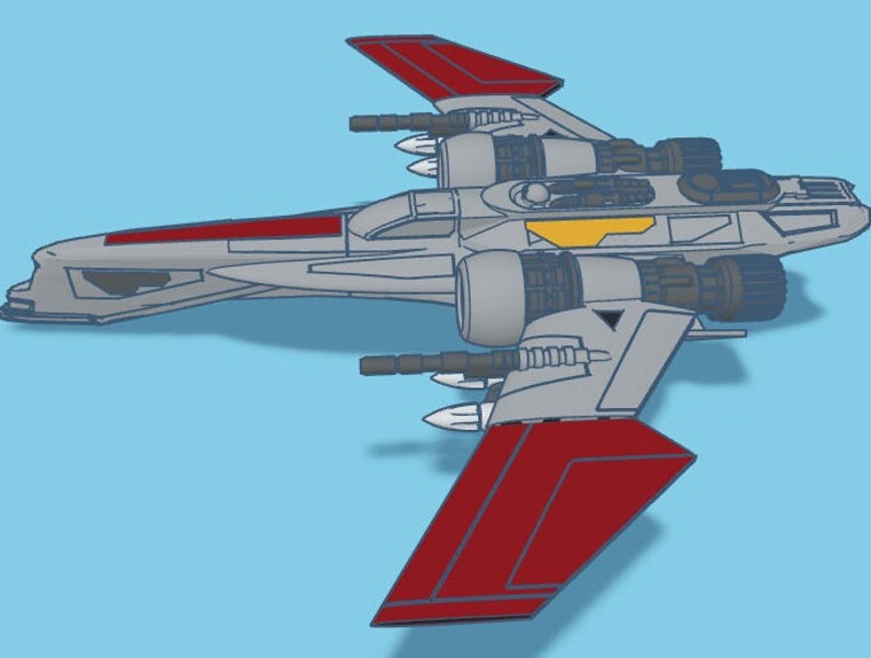 Pode incluir: Uma nave espacial cinza e vermelha com duas asas grandes e v&aacute;rios motores. A nave espacial tem uma faixa amarela na parte superior.