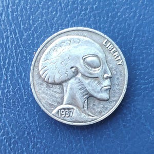 1937 Alien Hobo Nickel | Hand Carved Coin Art | UFO Extraterrestrial Collectible | Engraved Buffalo Nickel | Sci-Fi Gift