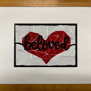 Heart Lino Print: &#39;Beloved&#39; Christian Art, Handmade Linocut