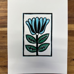 Blue Flower Linocut Print: Folk Art Spring Wall Decor