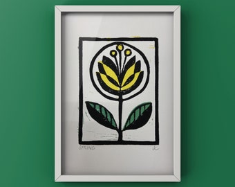 Grabado floral en linóleo: Arte mural de primavera, lámina de naturaleza.