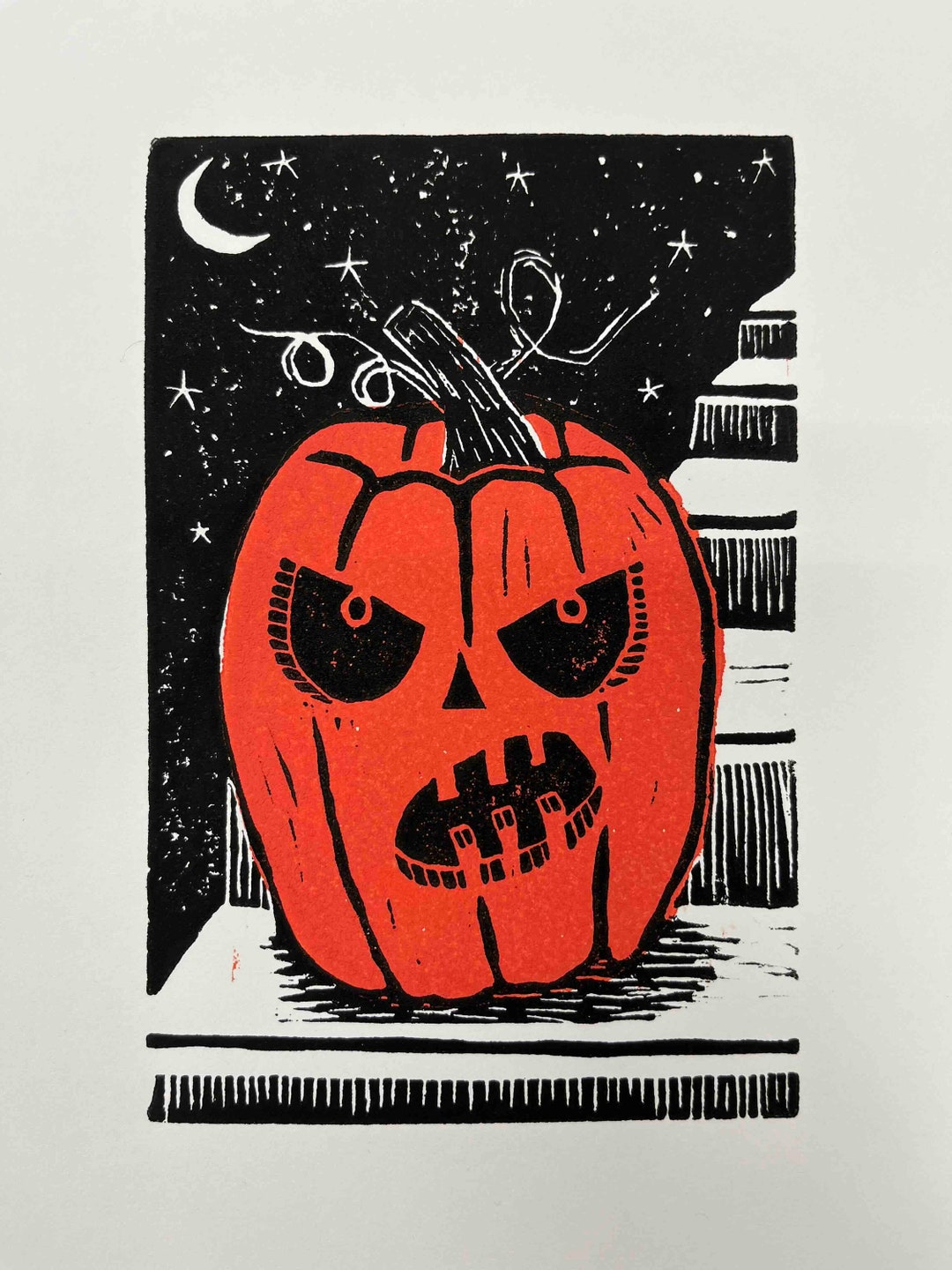Pumpkin Print Handmade Linocut Print Halloween Decor Jack O - Etsy