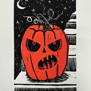 Estampa de abóbora, gravura em linóleo feita à mão, decoração de Halloween, estampa em relevo de Jack O'Lantern, decoração em estilo vintage de Halloween, impressão artística de Halloween