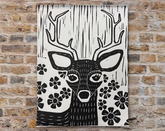 Deer Linocut Print: Original Woodland Art, Nursery Decor