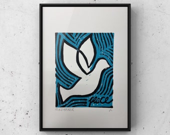 Dove Art Print, Dove Artwork, Dove Linocut, Peace Sign, Friend Gift, Wall Decor, Original Linocut, Small Linocut Print Nature, Bird Print