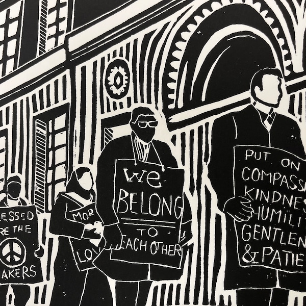 Moving Towards Empathy, Love Your Neighbor, Peace Protest Linocut Print