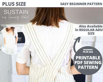Delantal cruzado con cuello redondo para talla grande / Patrón de costura en PDF / Delantal para mujer / Descarga instantánea / Impresión en casa / Talla grande