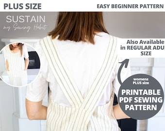 PLUS SIZE Cross Back Apron with Round Neck | PDF Sewing Pattern | Womens Pinafore | Instant Download | Print at Home | Plus Size