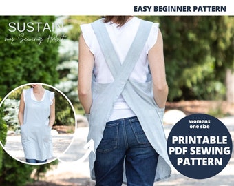 Cross Back Apron with Round Neck | PDF Sewing Pattern | Womens Pinafore | Instant Download | Print at Home | One Size
