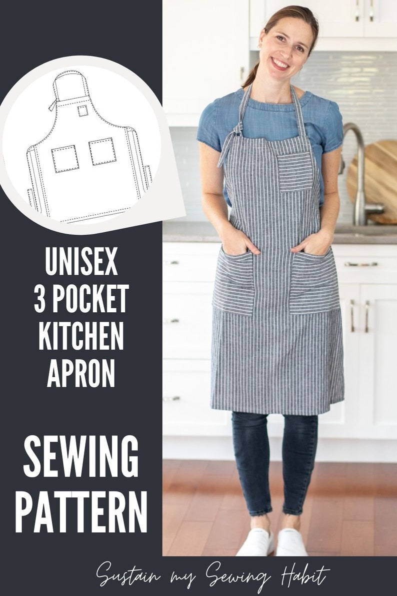 3-Pocket Kitchen Apron Unisex Apron Pattern PDF Sewing Patterns Digital Instant Download Classic Apron One Size Fits Most image 8