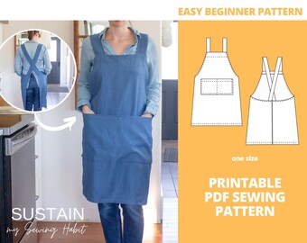 Low Cross Back Apron | PDF Sewing Pattern | Pinafore Apron | Instant Download | Print at Home | One Size