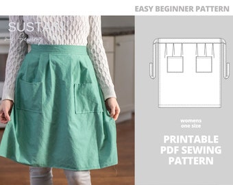 Pleated Half Apron | PDF Sewing Pattern | Digital Instant Download | Print at Home | One Size | Women's Kitchen Half Apron with Pockets