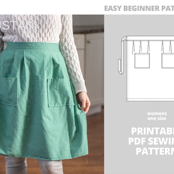 Pleated Half Apron | PDF Sewing Pattern | Digital Instant Download | Print at Home | One Size | Women's Kitchen Half Apron with Pockets