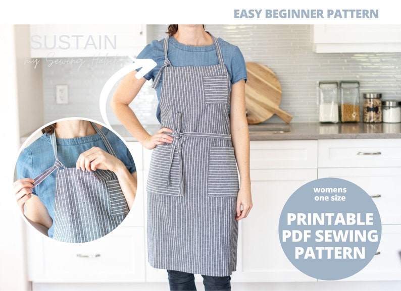 3-Pocket Kitchen Apron Unisex Apron Pattern PDF Sewing Patterns Digital Instant Download Classic Apron One Size Fits Most image 1