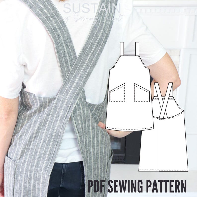 May include: A grey and white striped apron with a cross-back design and two front pockets. The image includes a black and white line drawing illustration of the apron and the text SUSTAIN by Sewing Habit and PDF SEWING PATTERN.