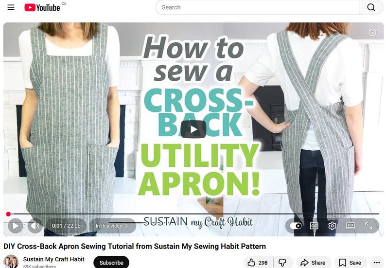 May include: A grey and white pinstriped utility apron with a cross-back design and two large front pockets. The apron is shown from the front and back, featuring text that reads How to sew a CROSS-BACK UTILITY APRON! and SUSTAIN my Craft Habit.