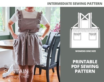 Cross Back Pinafore Apron with Gathered Bib Trim| PDF Sewing Pattern | Digital Instant Download | Print at Home | One Size | Kitchen Apron